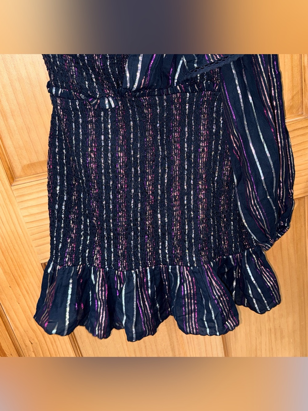 NWT FARM Rio Lurex Stripes Mini Dress w/one shoulder/ruffles/smocked bodice/-S - Picture 5 of 16
